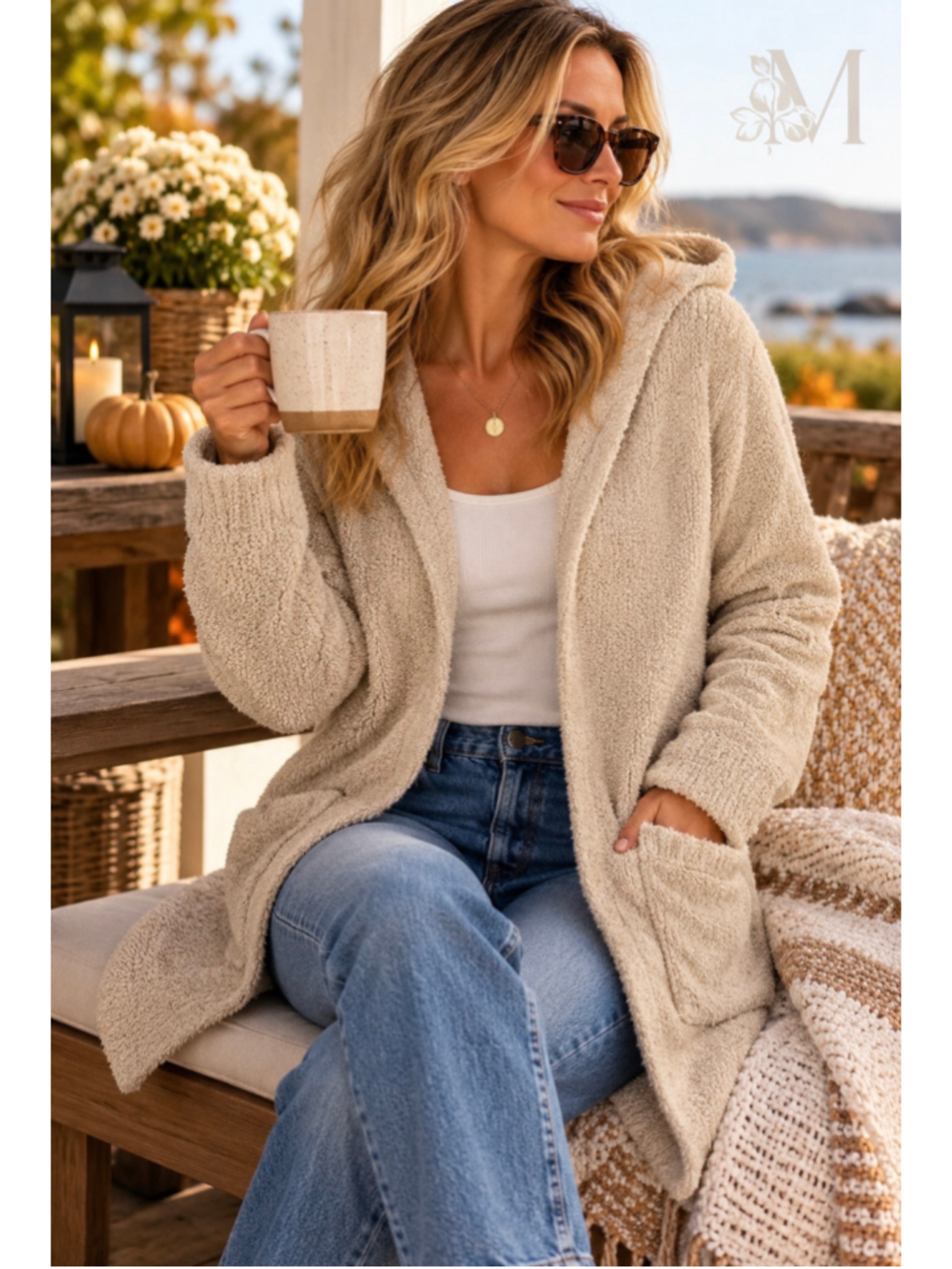Cupcakes & Cashmere Women’s L Beige Hooded Teddy Cardigan Open Front Cozy